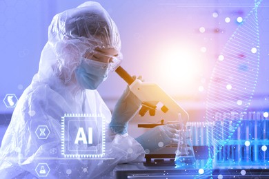 Image of Artificial intelligence in medicine. Laboratory worker and illustration of DNA, double exposure. AI chip and icons