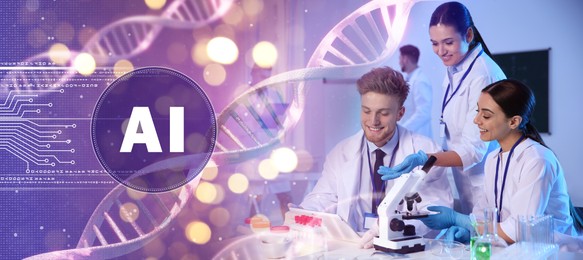 Image of Artificial intelligence in medicine. Laboratory workers and illustrations of DNA, double exposure. Banner design