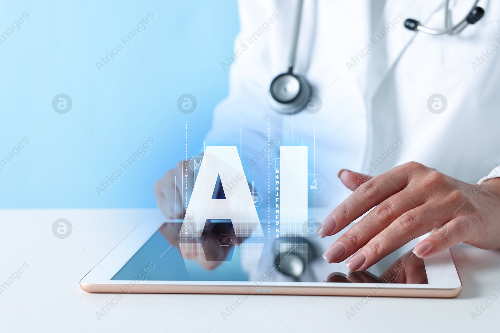 Image of Artificial intelligence in medicine. Healthcare worker using tablet at table, closeup. AI abbreviation and icons over device