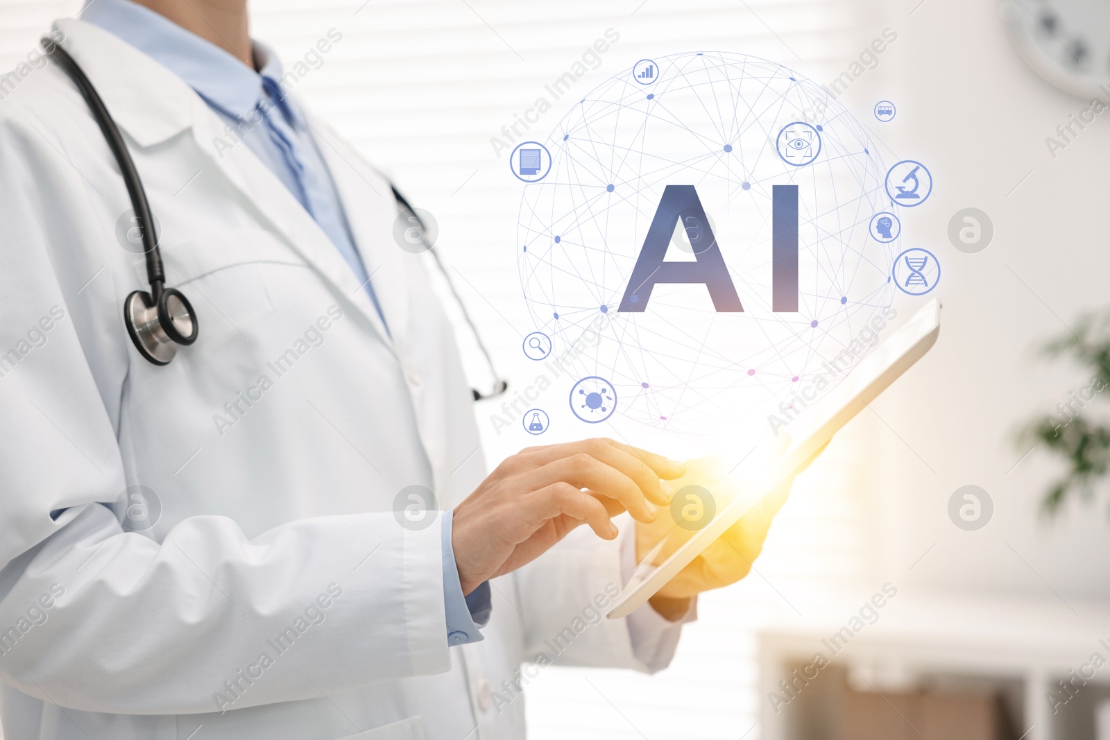 Image of Artificial intelligence in medicine. Healthcare worker using tablet on white background, closeup. AI abbreviation and scheme with icons over device