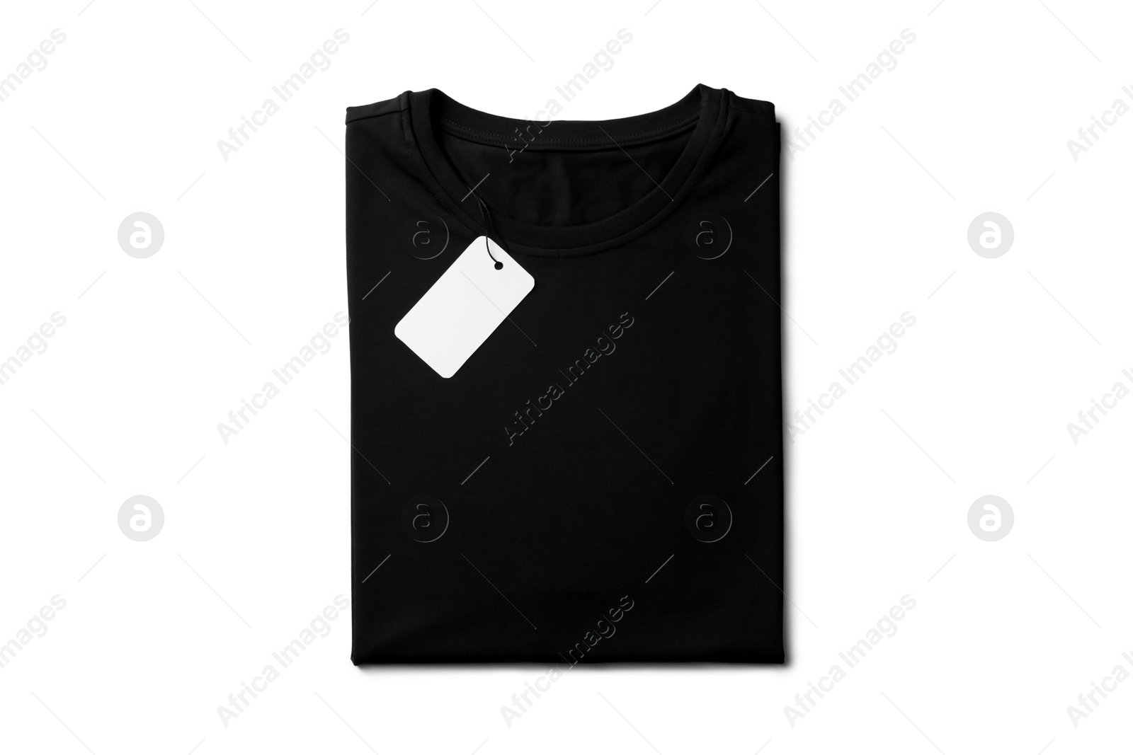 Image of Black t-shirt with tag on white background, top view. Mockup for design