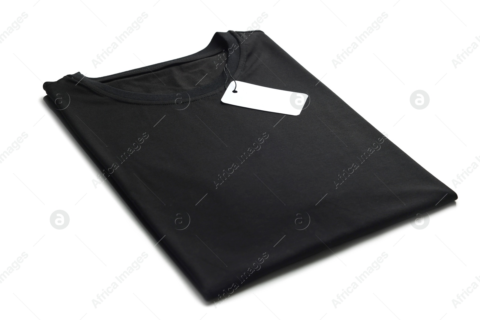 Image of Black t-shirt with tag on white background. Mockup for design