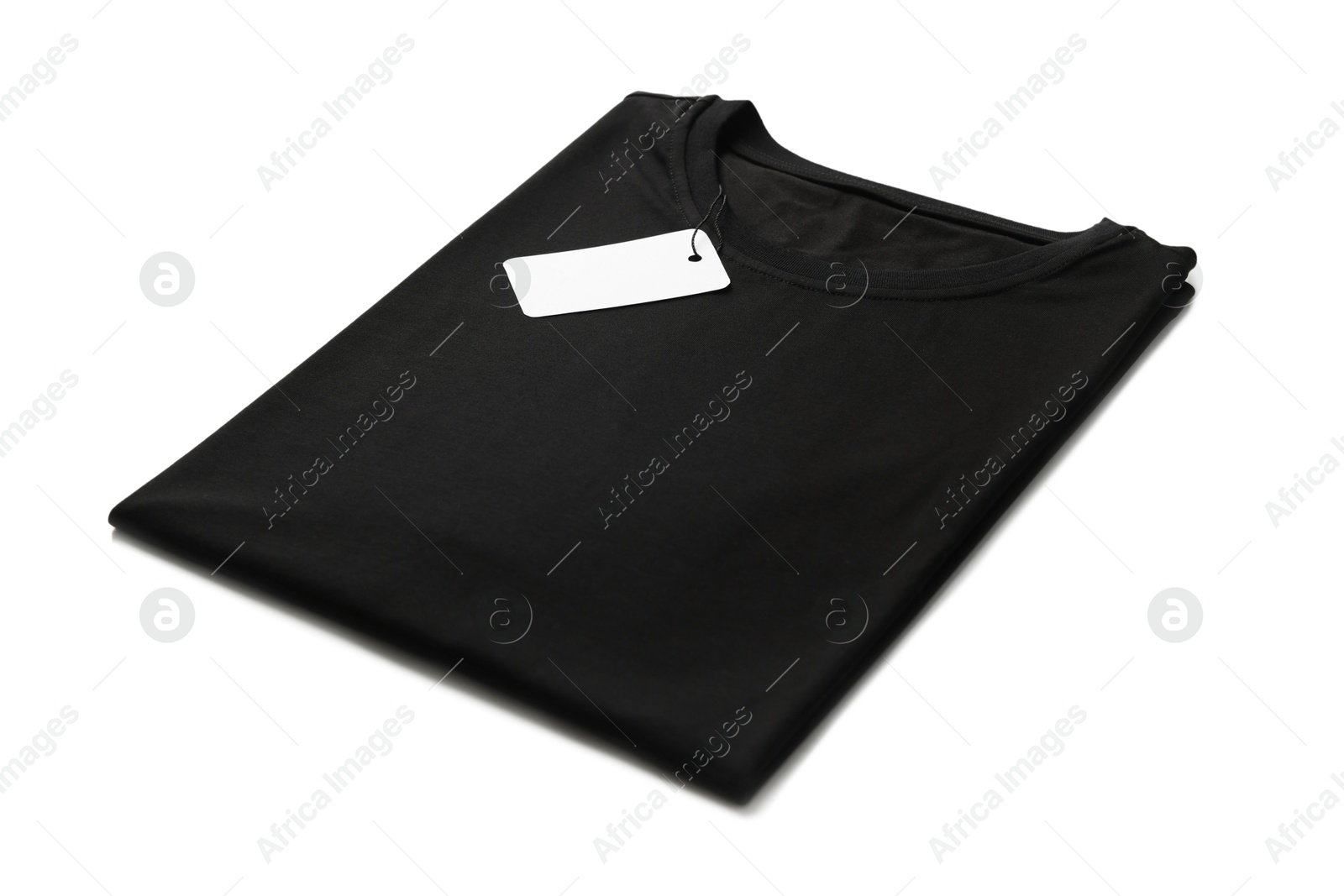 Image of Black t-shirt with tag on white background. Mockup for design