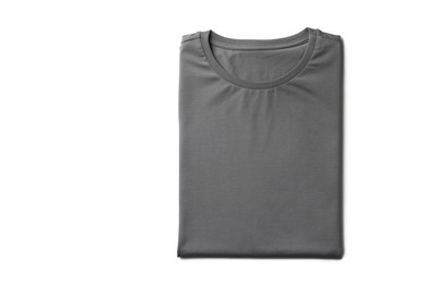 Image of Grey t-shirt on white background, top view. Mockup for design