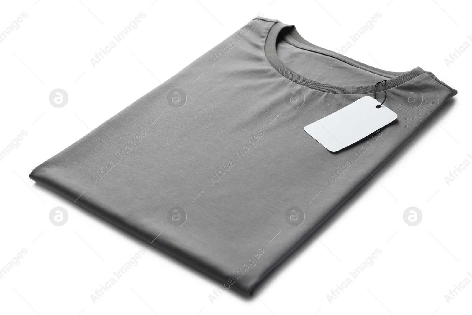 Image of Grey t-shirt with tag on white background. Mockup for design