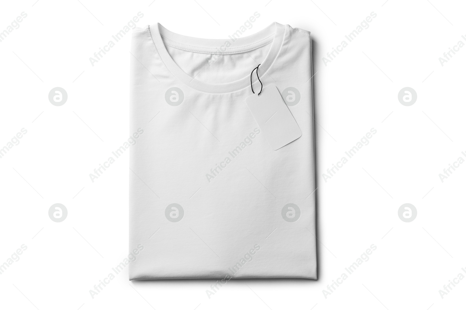 Image of White t-shirt with tag on white background, top view. Mockup for design