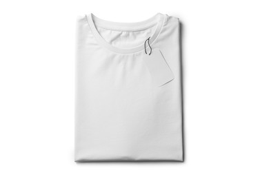 Image of White t-shirt with tag on white background, top view. Mockup for design