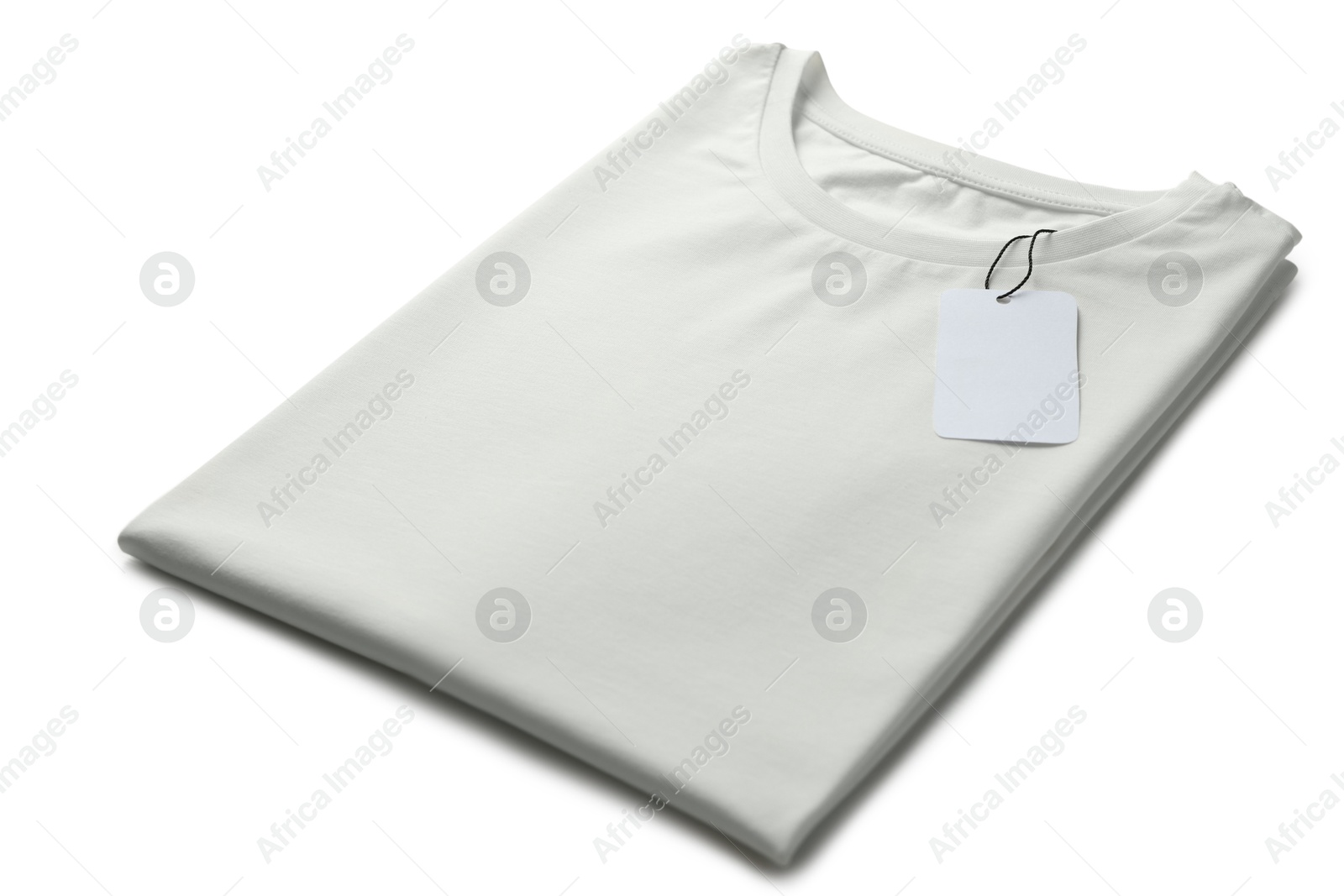 Image of White t-shirt with tag on white background. Mockup for design