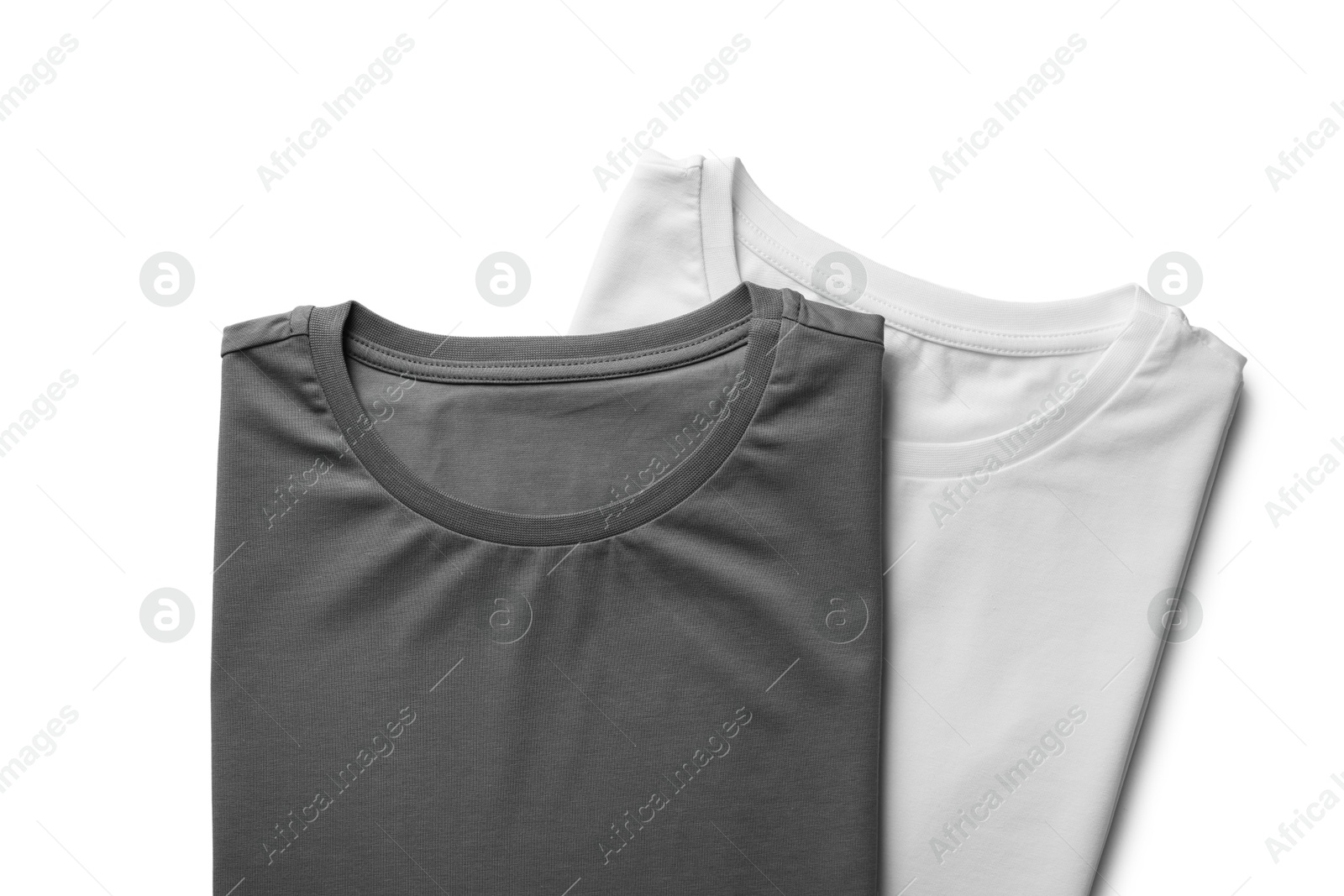 Image of White and grey t-shirts on white background, top view. Mockup for design