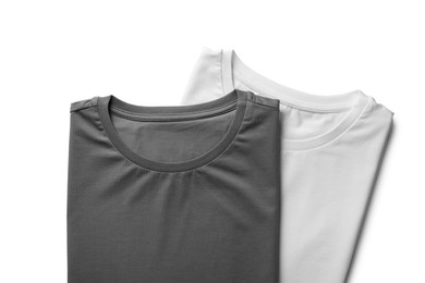 Image of White and grey t-shirts on white background, top view. Mockup for design