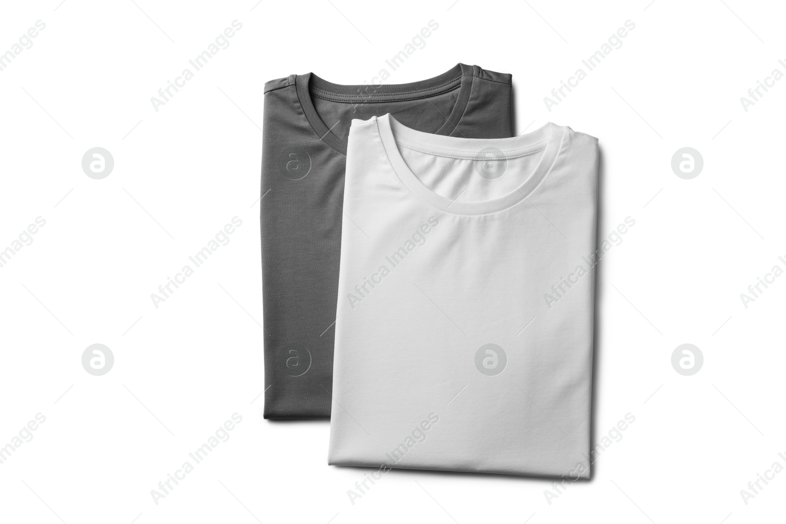 Image of White and grey t-shirts on white background, top view. Mockup for design