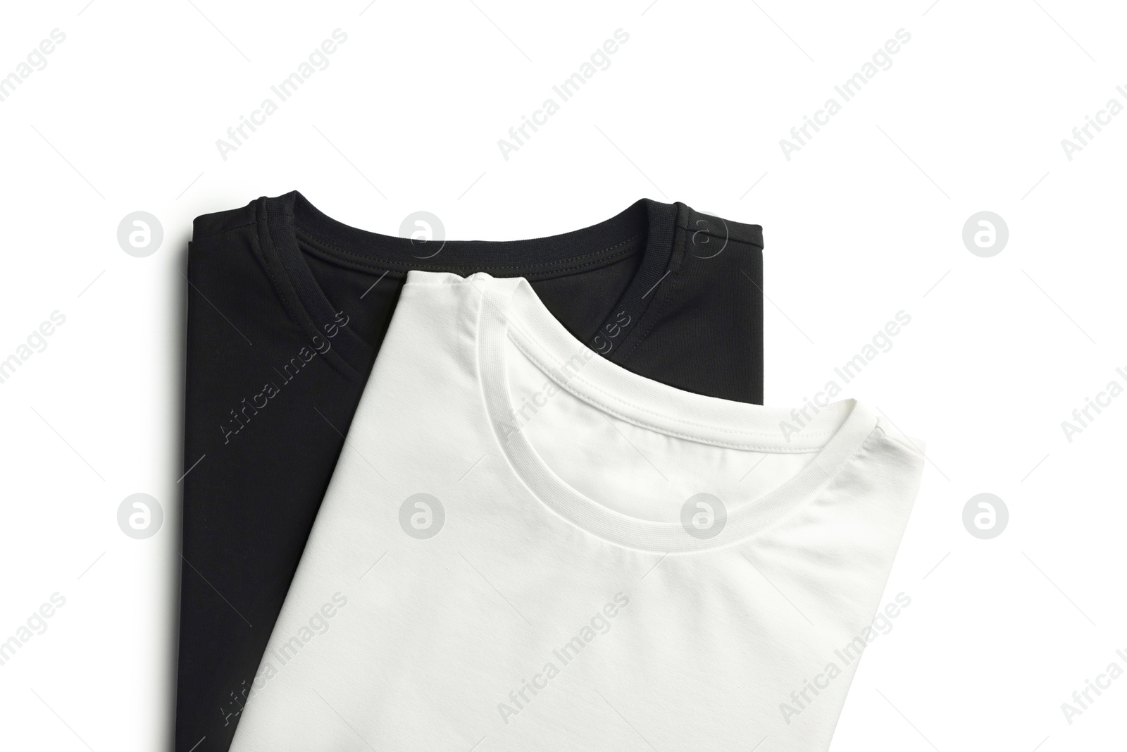 Image of White and black t-shirts on white background, top view. Mockup for design