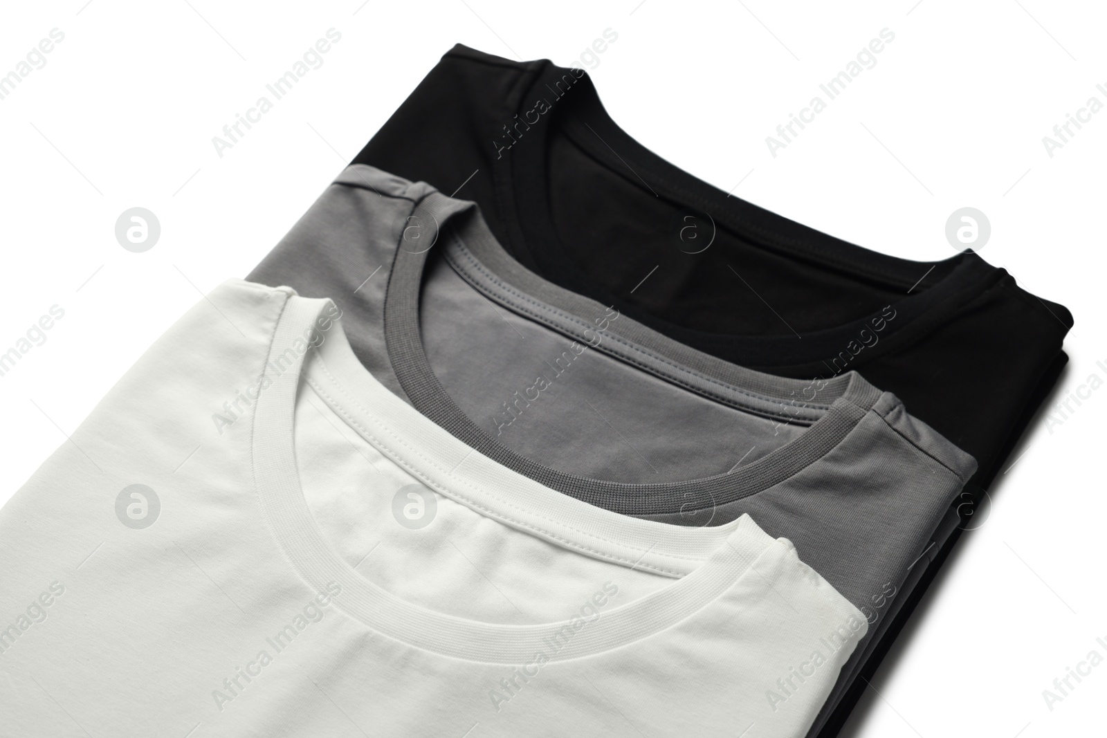 Image of Black, white and grey t-shirts on white background