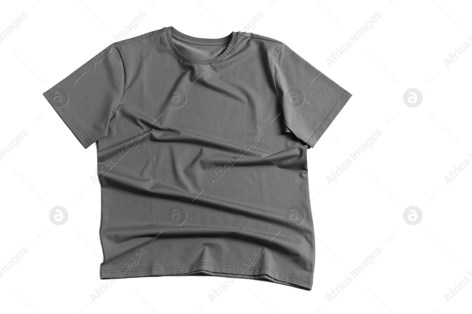 Image of Grey t-shirt on white background, top view