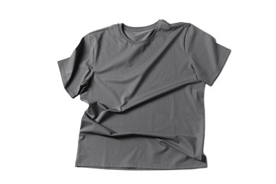 Image of Grey t-shirt on white background, top view