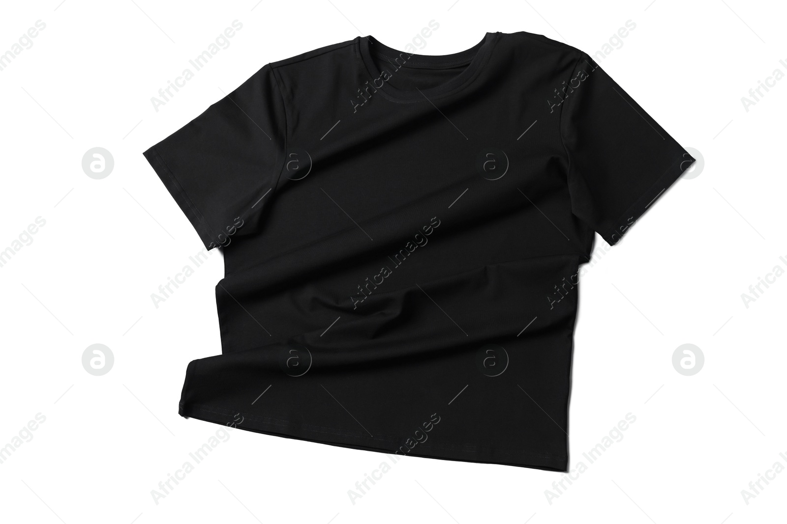 Image of Black t-shirt on white background, top view