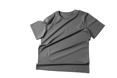 Image of Grey t-shirt on white background, top view