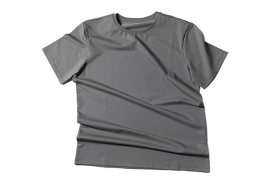 Image of Grey t-shirt on white background, top view