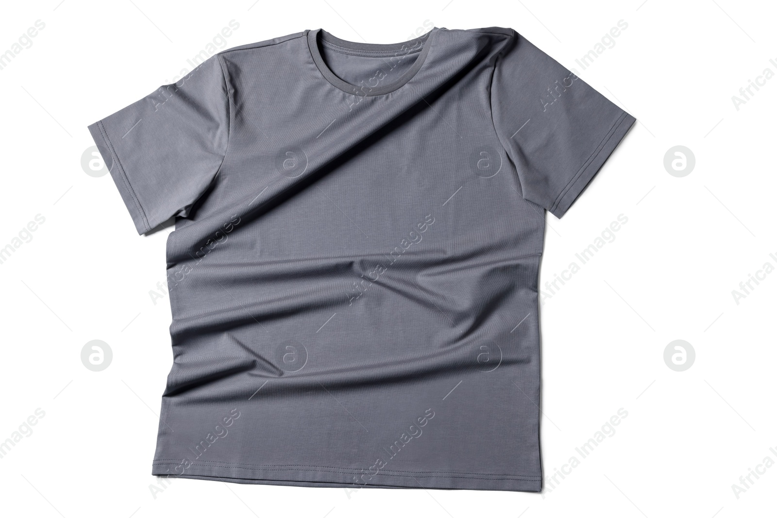 Image of Grey t-shirt on white background, top view