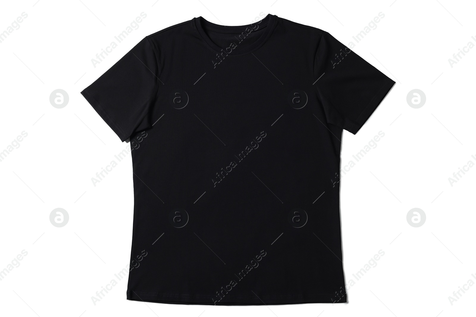 Image of Black t-shirt on white background, top view. Mockup for design