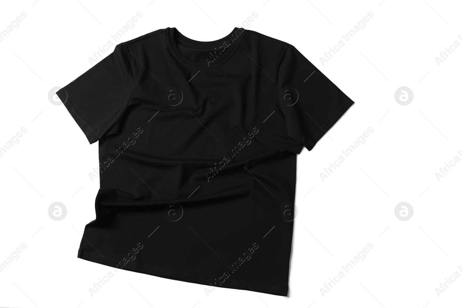 Image of Black t-shirt on white background, top view