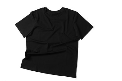 Image of Black t-shirt on white background, top view