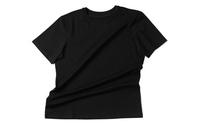 Image of Black t-shirt on white background, top view