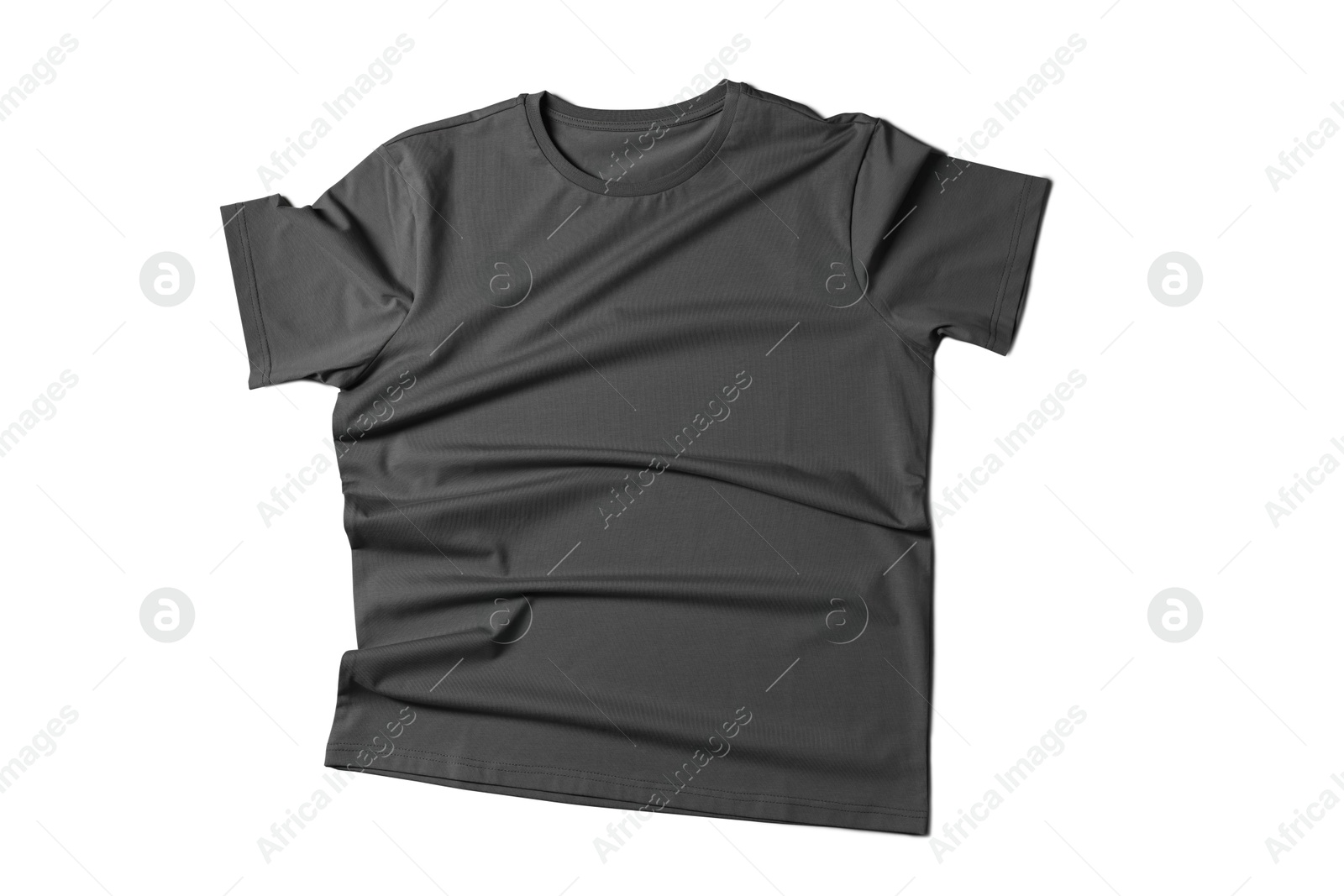 Image of Dark grey t-shirt on white background, top view