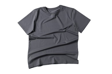 Image of Dark grey t-shirt on white background, top view