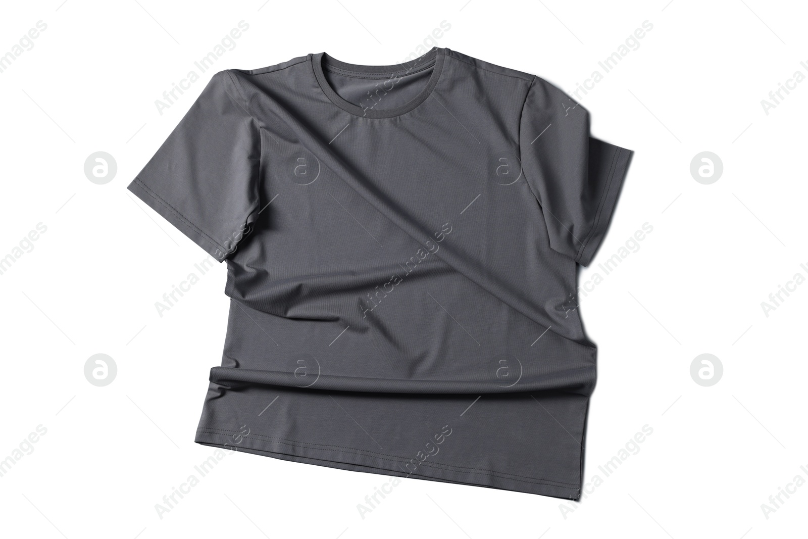 Image of Dark grey t-shirt on white background, top view