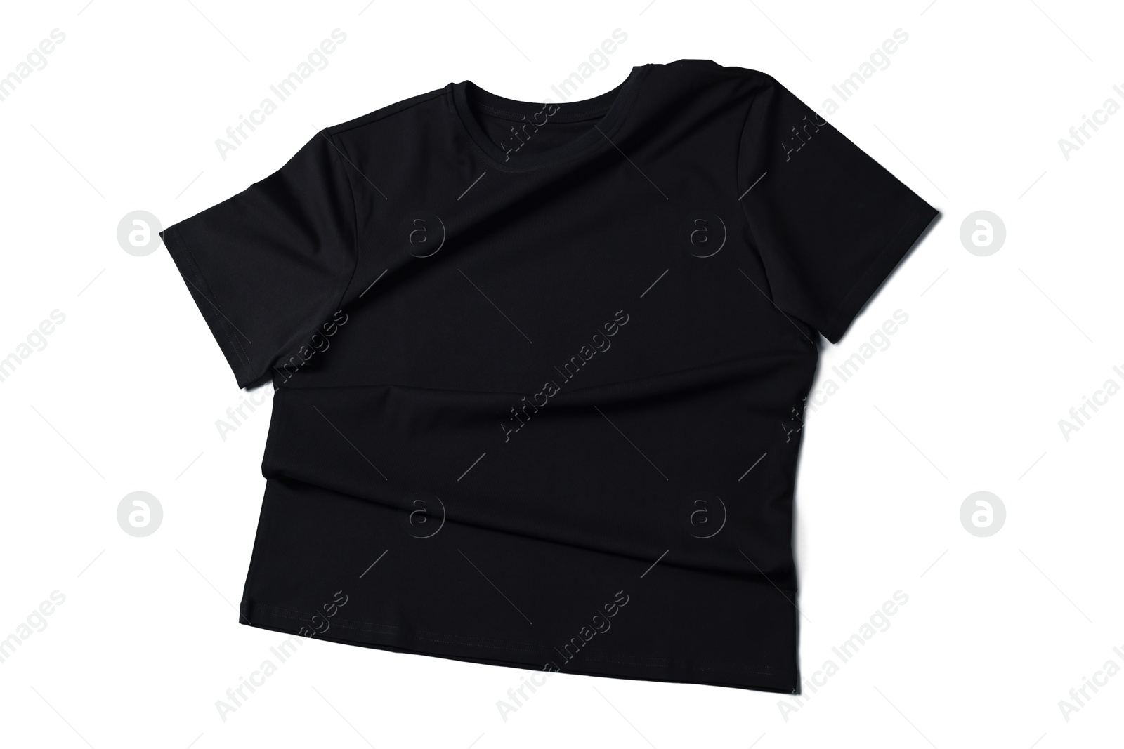 Image of Black t-shirt on white background, top view