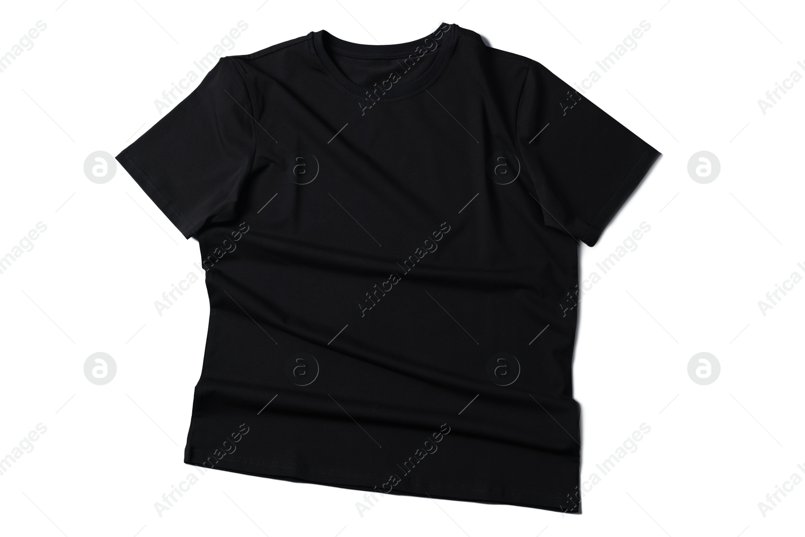 Image of Black t-shirt on white background, top view