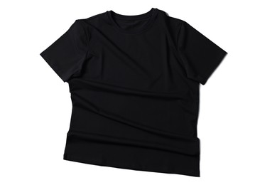 Image of Black t-shirt on white background, top view