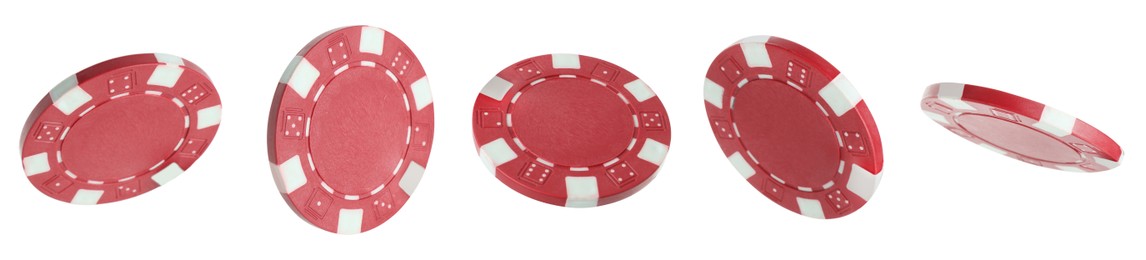 Image of Red casino chip isolated on white, collage