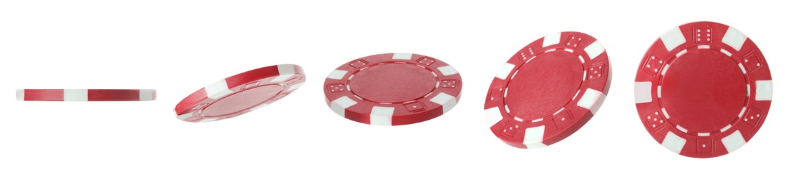 Image of Red casino chip isolated on white, collage