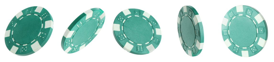 Image of Green casino chip isolated on white, collage