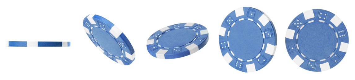 Image of Blue casino chip isolated on white, collage