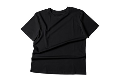 Image of Black t-shirt on white background, top view