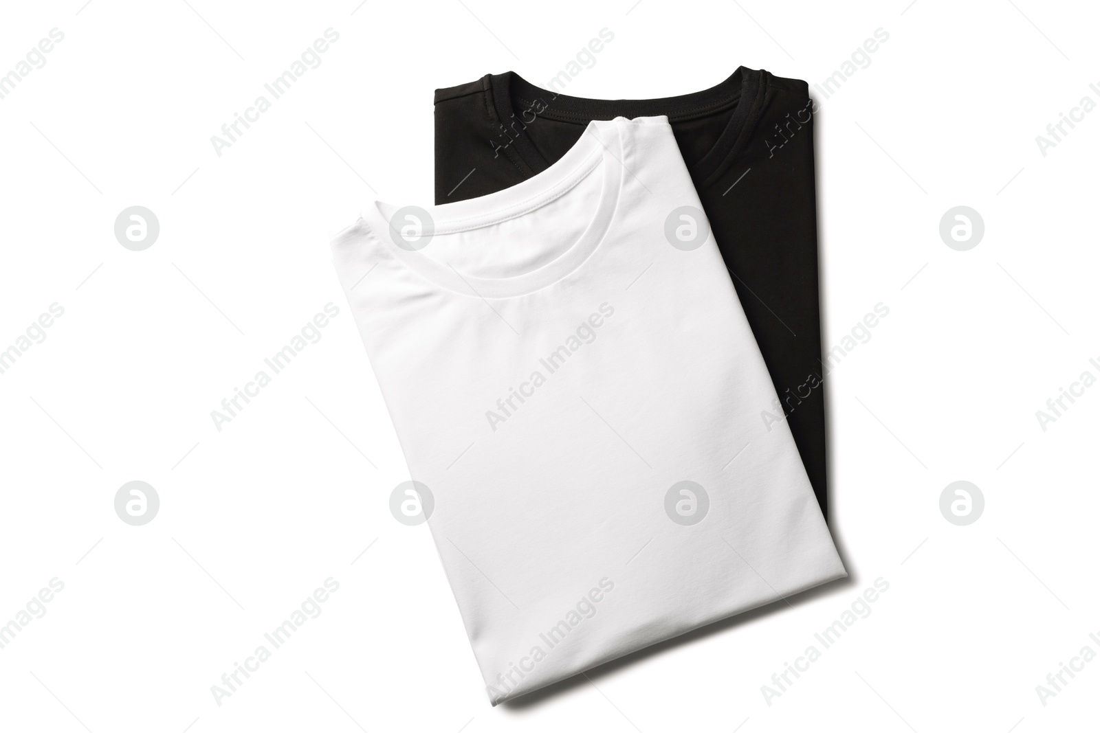 Image of Black and white t-shirts on white background, top view. Mockup for design