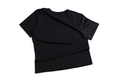 Image of Black t-shirt on white background, top view