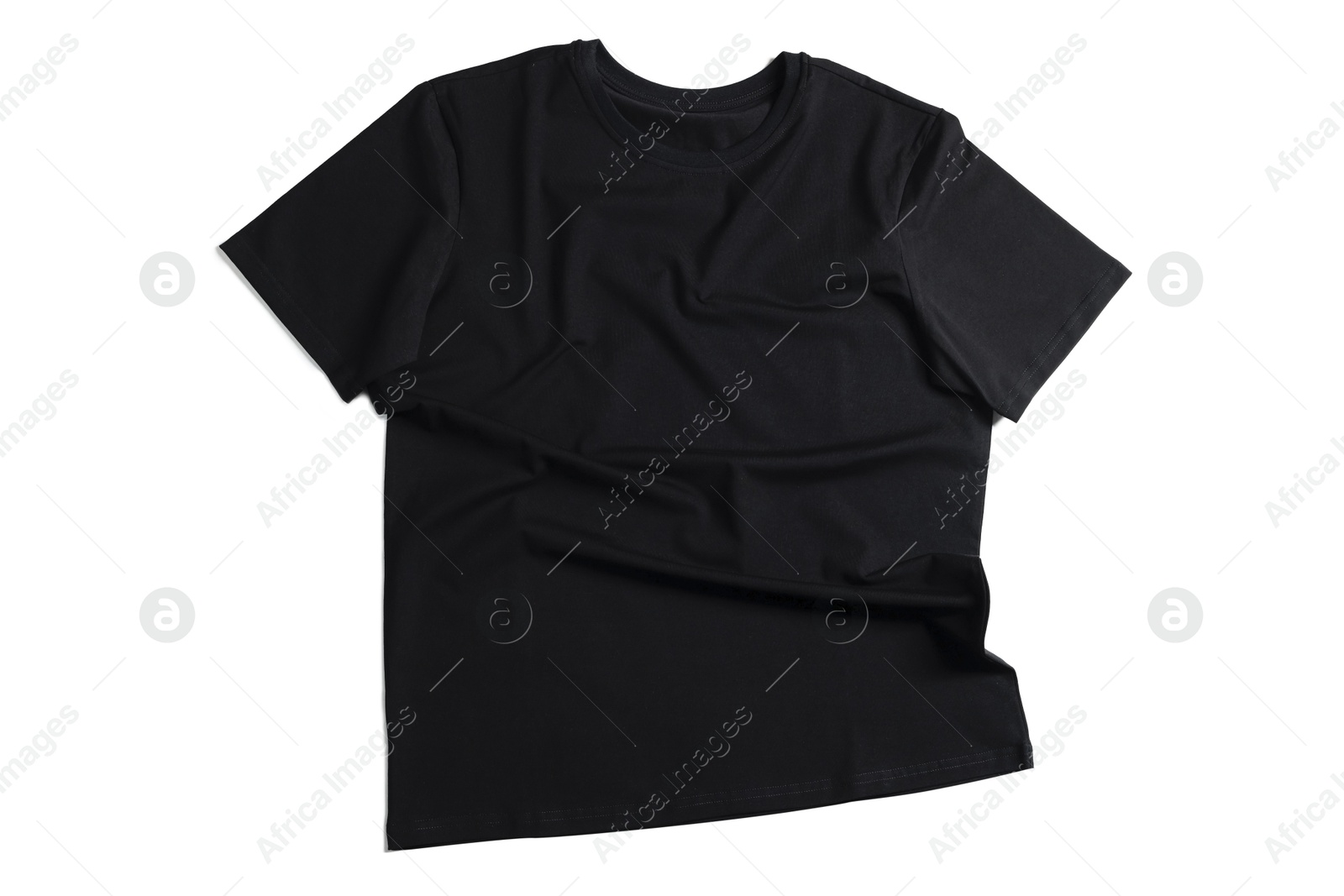 Image of Black t-shirt on white background, top view