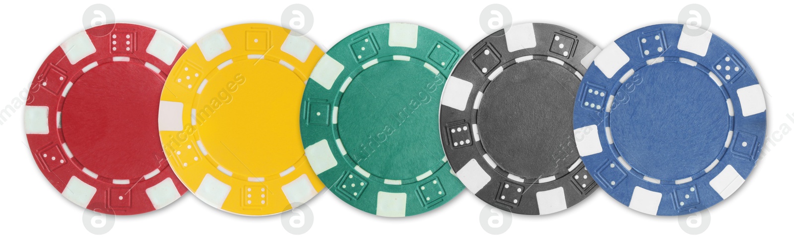 Image of Different casino chips isolated on white, set