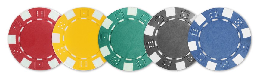 Image of Different casino chips isolated on white, set