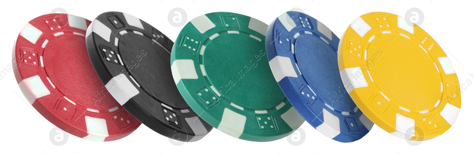 Image of Different casino chips isolated on white, set