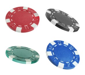 Image of Different casino chips isolated on white, set