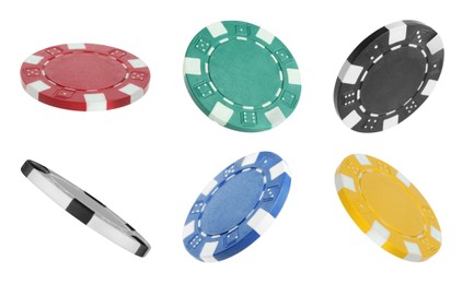 Image of Different casino chips isolated on white, set