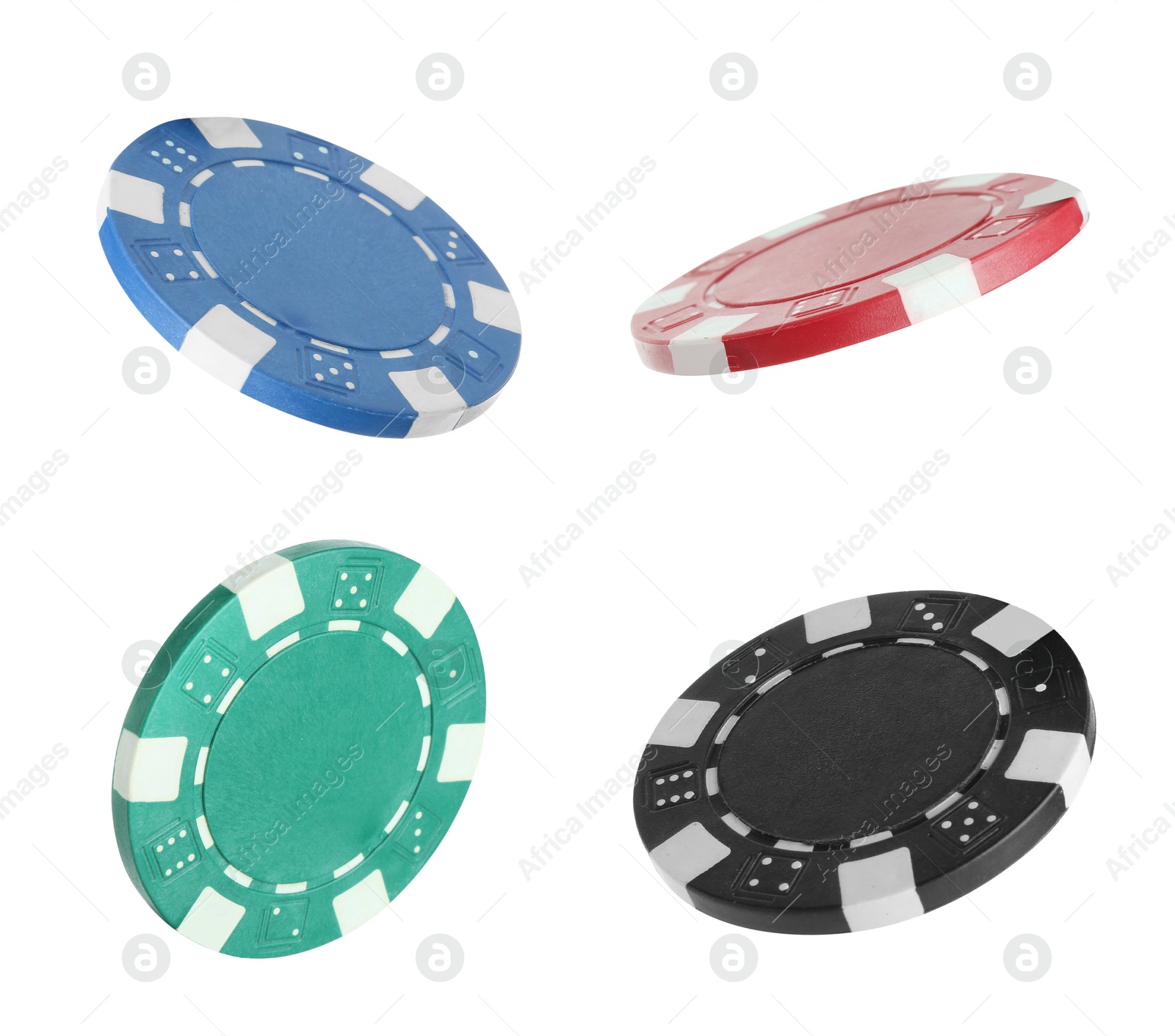 Image of Different casino chips isolated on white, set