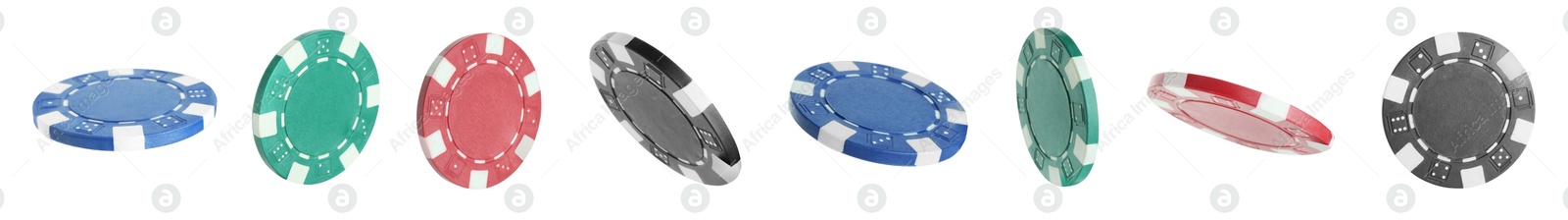 Image of Different casino chips isolated on white, set