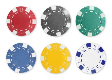 Image of Different casino chips isolated on white, set