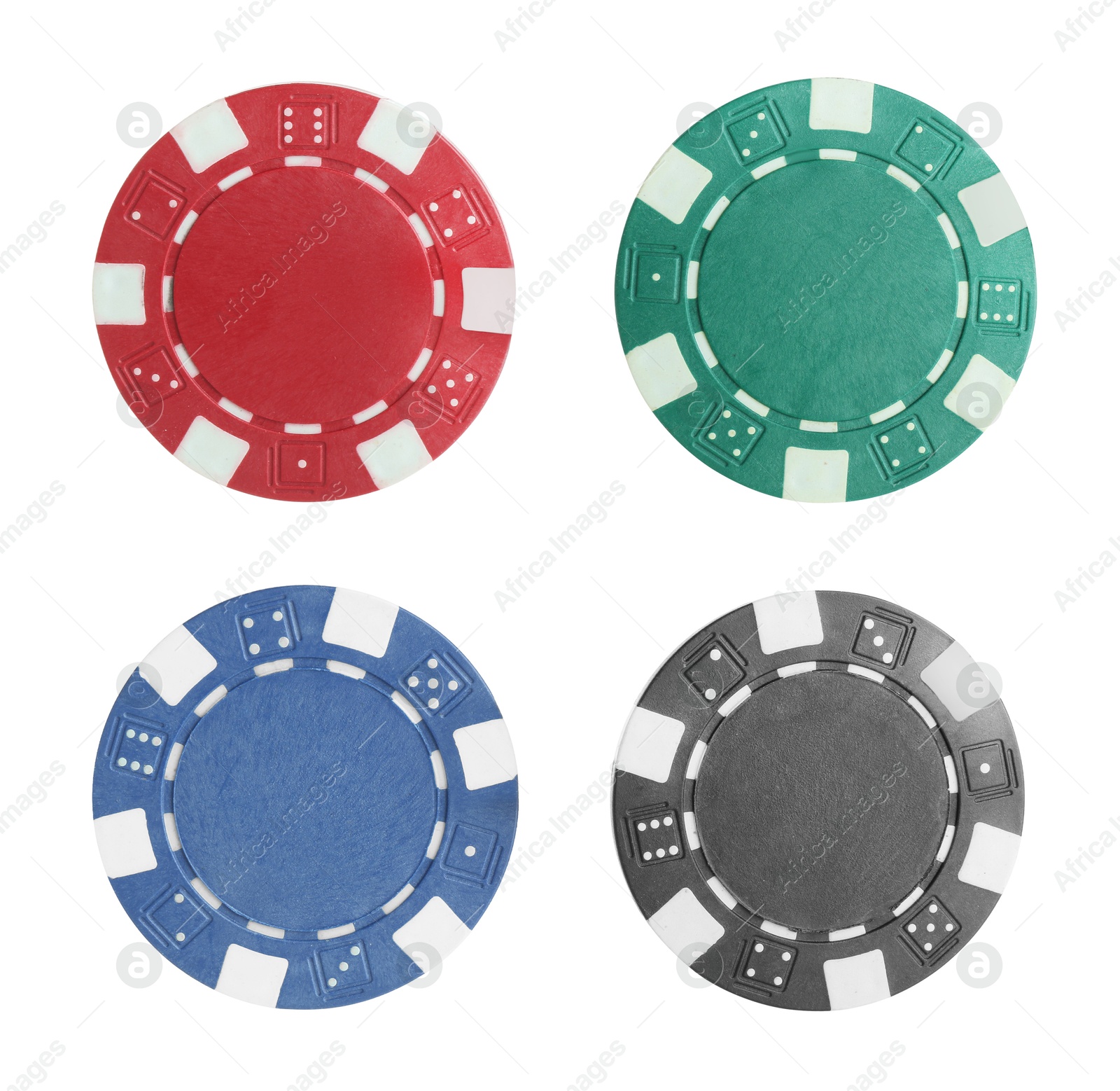 Image of Different casino chips isolated on white, set